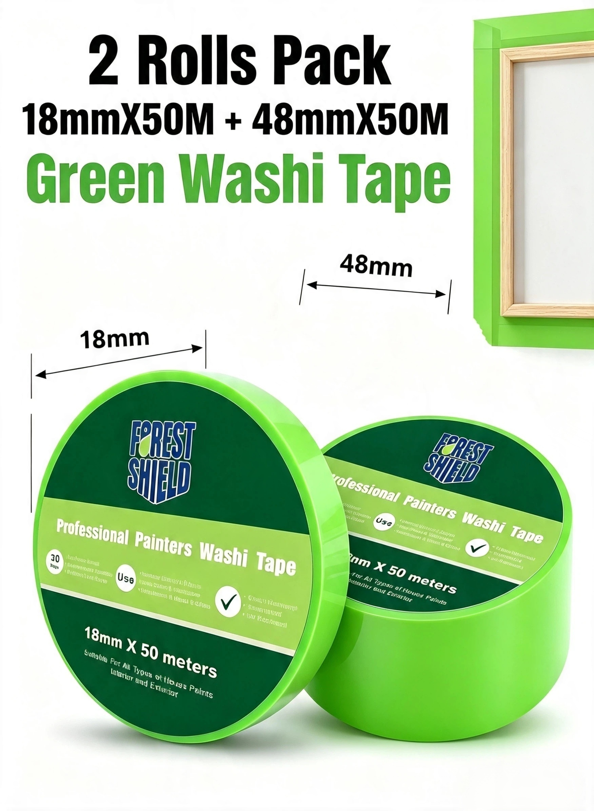 Green Washi Masking Tape Value Pack (18mm & 48mm x 50m) – High Tack UV Resistant Painters Tape, Clean Removal Sharp Lines for Home Painting, Wall Painting, Arts & Crafts