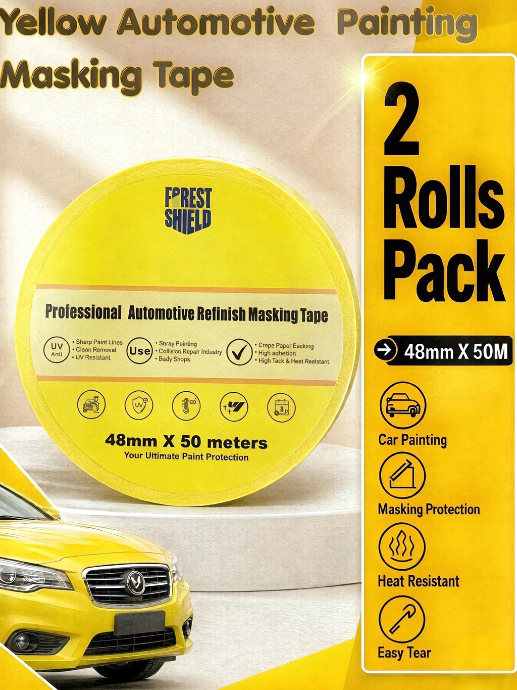 Forest Shield Automotive Refinish Masking Tape, High Temperature Resistant, No Residue, For Car Painting & Detailing (48mm (2 Rolls Pack))