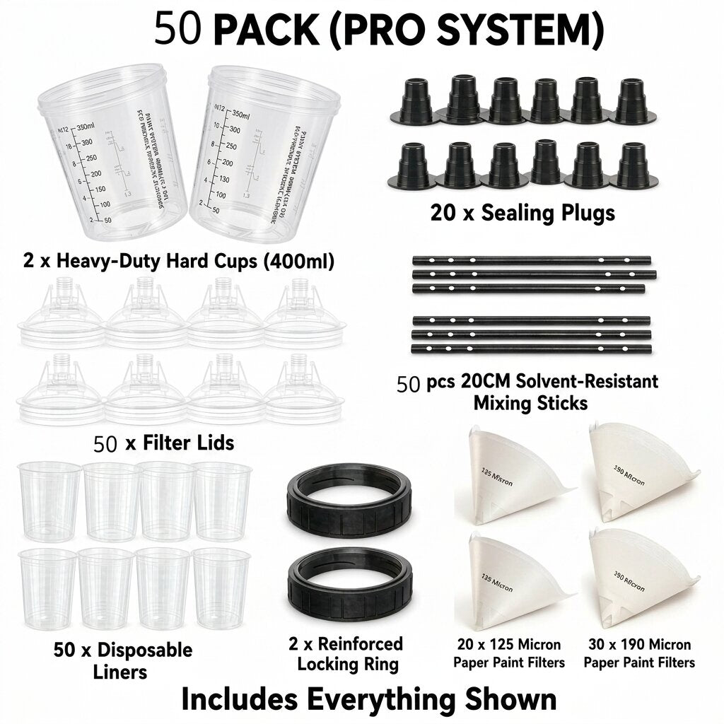 Forest Shield Disposable Paint Spray Cup System, Professional PPS Type Mixing Kit with Lids, Liners, Hard Cups & 125/190mic Filters for Automotive Painting, 400ml & 650ml (400ml, 50-Pack)