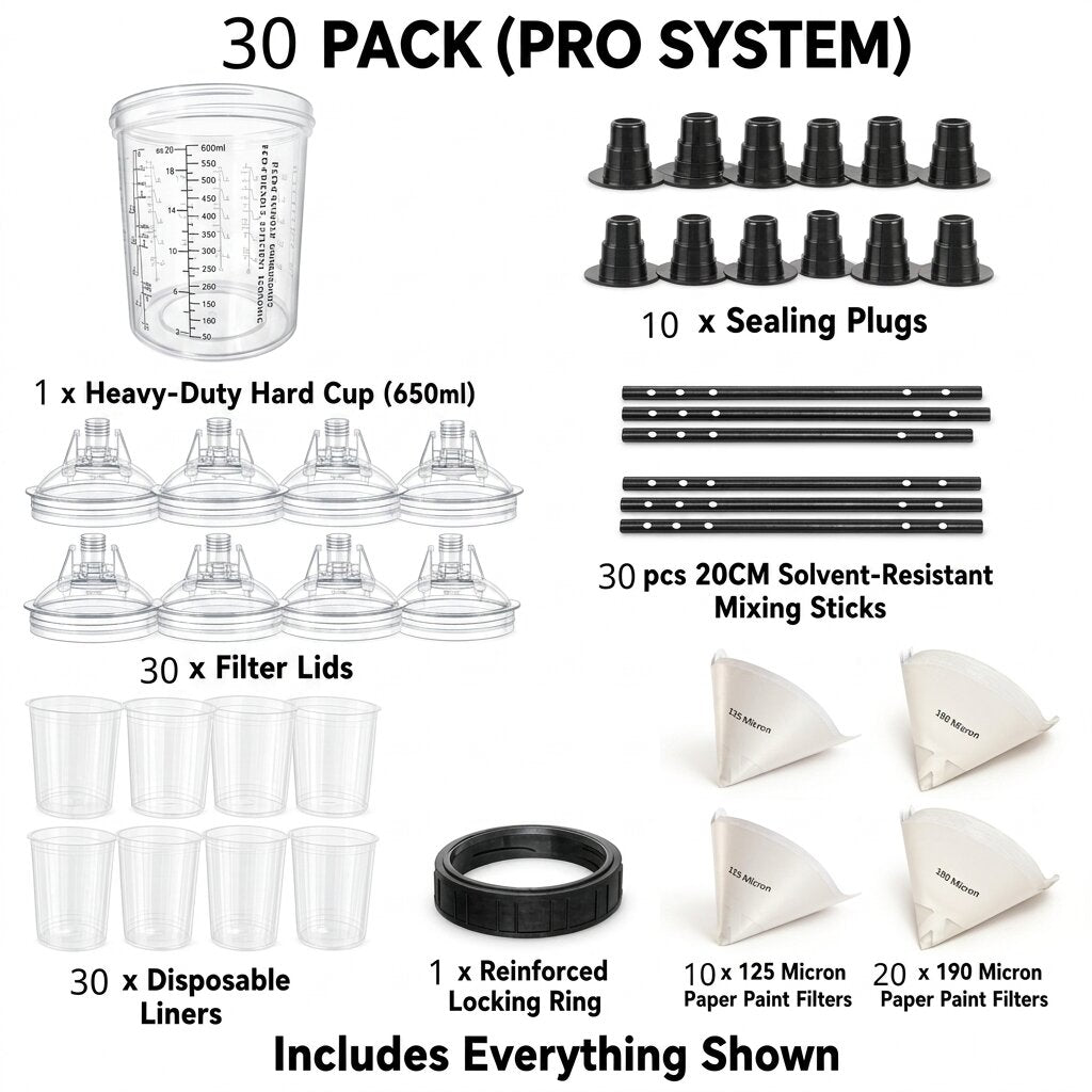 Forest Shield Disposable Paint Spray Cup System, Professional PPS Type Mixing Kit with Lids, Liners, Hard Cups, 125/190mic Filters for Automotive Painting, 400ml and 650ml (650ml, 30-Pack)