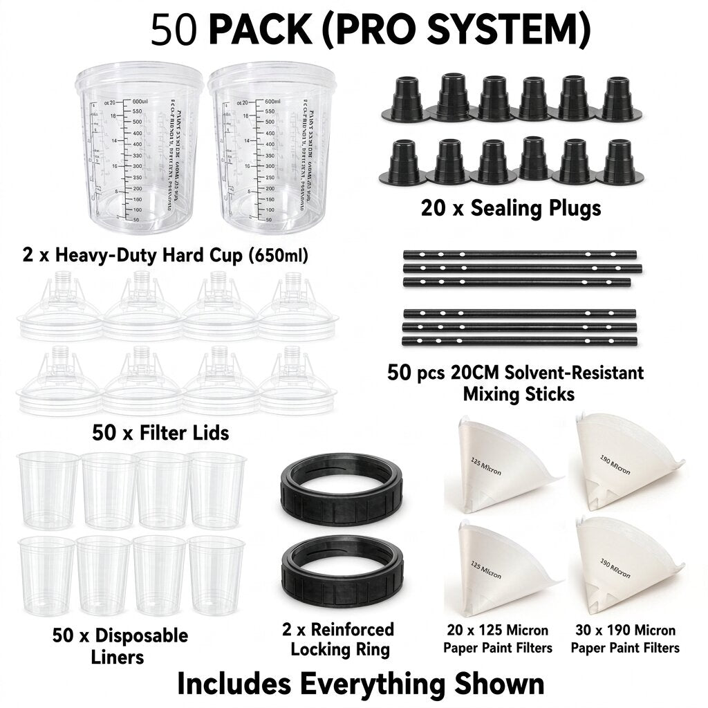 Forest Shield Disposable Paint Spray Cup System, Professional PPS Type Mixing Kit with Lids, Liners, Hard Cups & 125/190mic Filters for Automotive Painting, 400ml & 650ml (650ml, 50-Pack)